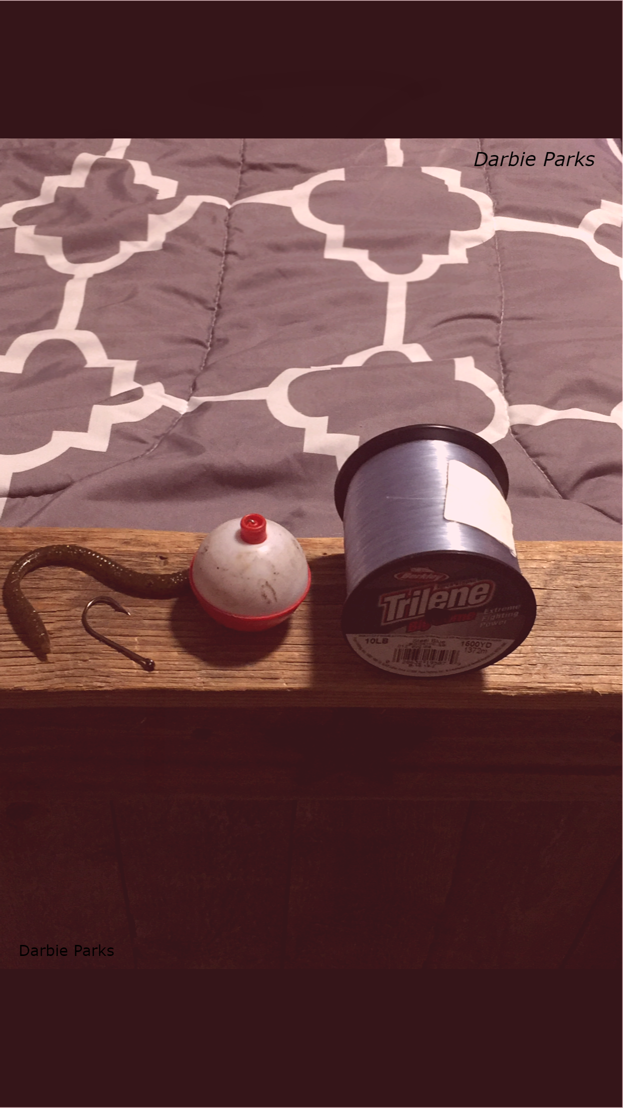 This is fishing line, a hook, a bobber and a fake worm. They are the supplies we will you to set up the fishing pole.